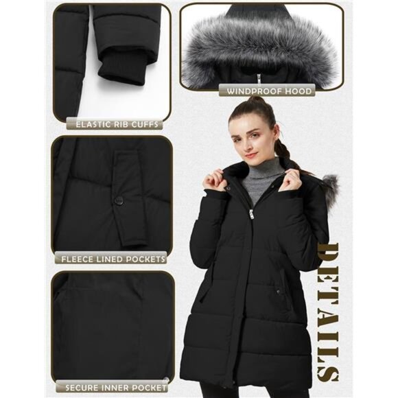 Women's Winter Thicken Puffer Coat Warm Snow Jacket with Fur Removable - Picture 3 of 7